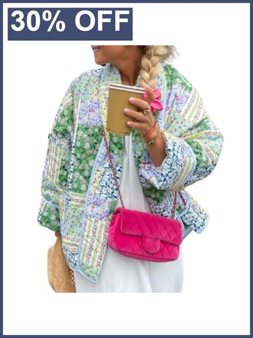 Women's Cropped Quilted Puffer Jacket Floral Open Front Cotton Coat